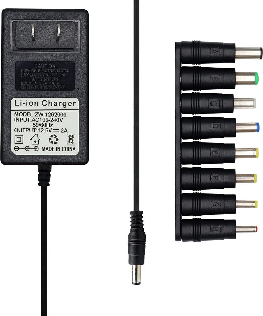 EIKS Universal AC/DC 12.6V 2A Power Adapter Wall Charger for 18650 Battery LED Strip Shaver Groomer Clipper, with 8 Selectable Tips (12.6V-2A)