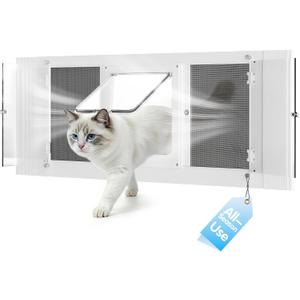 All Season Cat Door for Window with Screen Mesh & Clear Acrylic Panel,32"-36" Adjustable Width,Magnetic Closure Weatherproof Window Pet Door,Aluminum Frame Window Cat Door Insert for Sliding Windows