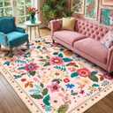 RELEANY Floral Nursery 6x9 Area Rugs Washable Print Boho Cute Carpet Non Slip Flower Low Pile for Living Room Kids Girls Playroom Bedroom Kitchen Office Farmhouse-Pink
