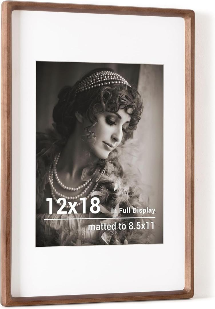 12x18 Poster Frame, USA-Sourced Walnut Wood Picture Frame with HD Tempered Glass, Handcrafted Rounded Corner 12 x 18 Wooden Frames Matted to 8.5x11 Photos, Horizontal or Vertical Wall Display
