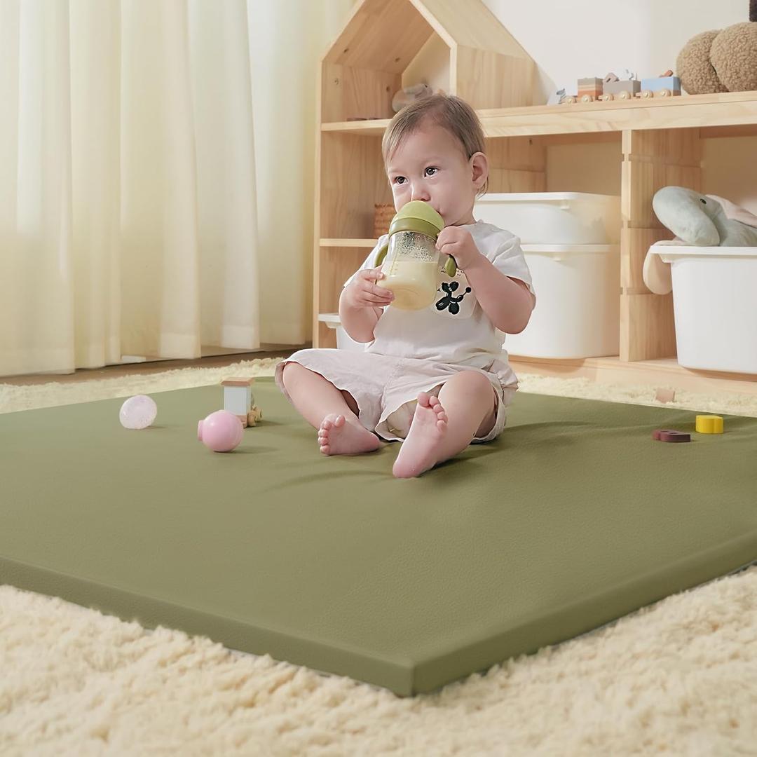 Vegan Leather Baby Play Mat, Wipe-Clean Play Mat for Floor, 50x50 in Thicken Foam Cushioned & Waterproof Playpen Mats for Infants, Kids and Toddlers, Green