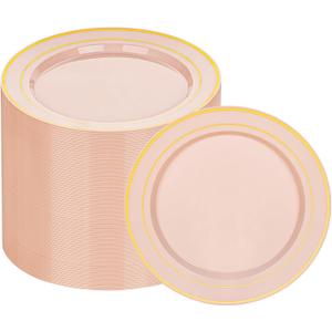 100Pcs Pink Plastic Dessert Plates, Disposable Salad Plate with Gold Rim, Premium Hard Fancy Small Plates, Heavy Duty Plastic Cakes Plates for Party, Wedding&Birthday&Valentine's Day