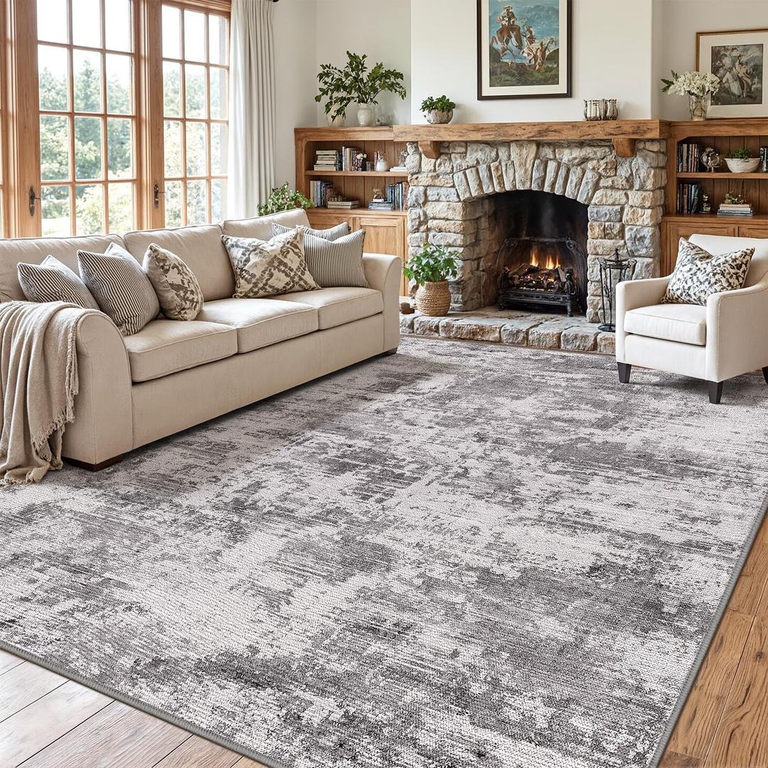 Color&Geometry 5x8 Machine Washable Low Pile Area Rugs for Living Room, Thin Soft Industrial - Neutral Area Carpet with Non Slip TPE Backing for Bedroom, Dining Room, Mottled Grey