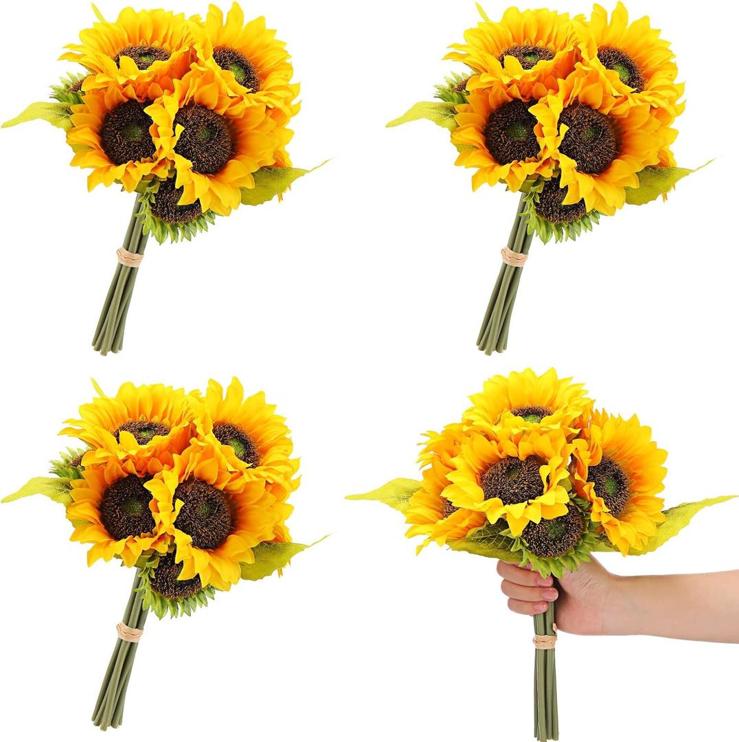 36 Pcs 4 Bundles Fake Sunflowers with Stems Artificial Sunflower Bouquet for Wedding Faux Silk Sunflowers Bride Bridesmaid Holding Flowers for Vase Table Centerpieces Home Office Garden Decoration