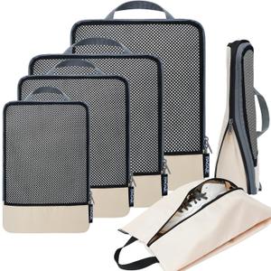BAGAIL 4 Set/6 Set/8 Set Compression Packing Cubes Travel Accessories Expandable Packing Organizers(Beige HalfMesh 6 Set) (6-Beige)