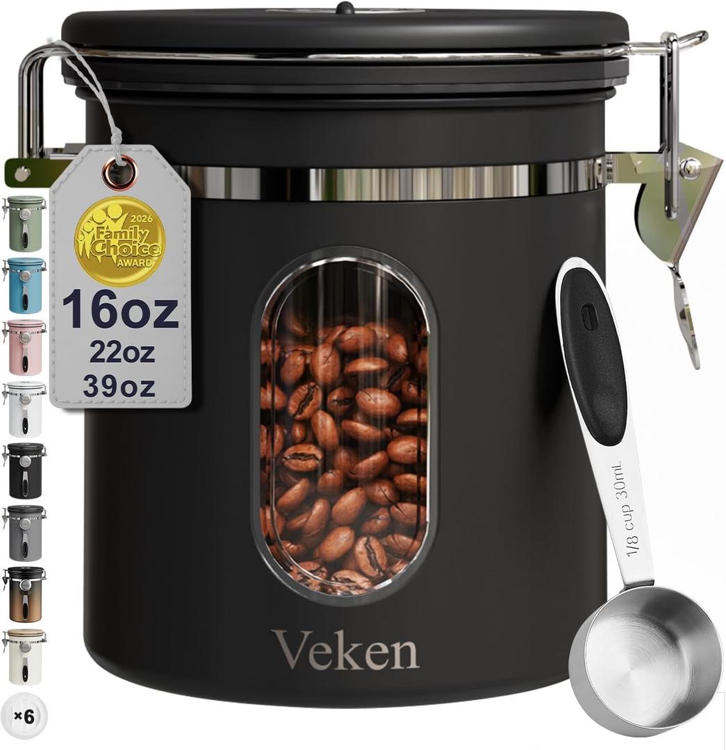 Veken Coffee Canister with Window, Family Choice Awards Winner, Airtight Stainless Steel Home Kitchen Food Storage Container with Lids for Grounds, Beans, Tea, Flour,Cereal,Sugar Jars,Scoop,16OZ,Black