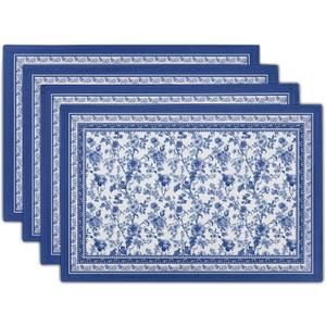 Blue Floral Branches Placemats Set of 4 12 x 18 Inch Chinoiserie Table Mats Washable Heat Resistant Linen Fabric Rectangle Place Mat for Indoor Outdoor Kitchen Dining Home Decor