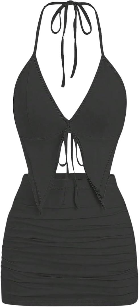 SHENHE Women's Y2k 2 Piece Sexy Outfits Backless Halter Crop Top and Ruched Bodycon Mini Skirt Set (Black), Small