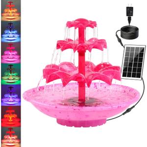 3.5W Solar Fountain Pump for Bird Bath, 3-Tier Red Solar Water Pump with 8 LED Lights, 32.8FT Power Cord and Adapter Included, Dual-Powered for 24/7 Use for Garden, Pond, Pool, Fish Tank and Lawn