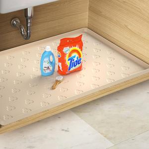 Under Sink Mat- 34" x 22" Waterproof Kitchen Cabinet Mat - Flexible Silicone Under Sink Liner - Kitchen Bathroom Cabinet Mat and Protector for Drips Leaks Spills (Beige)
