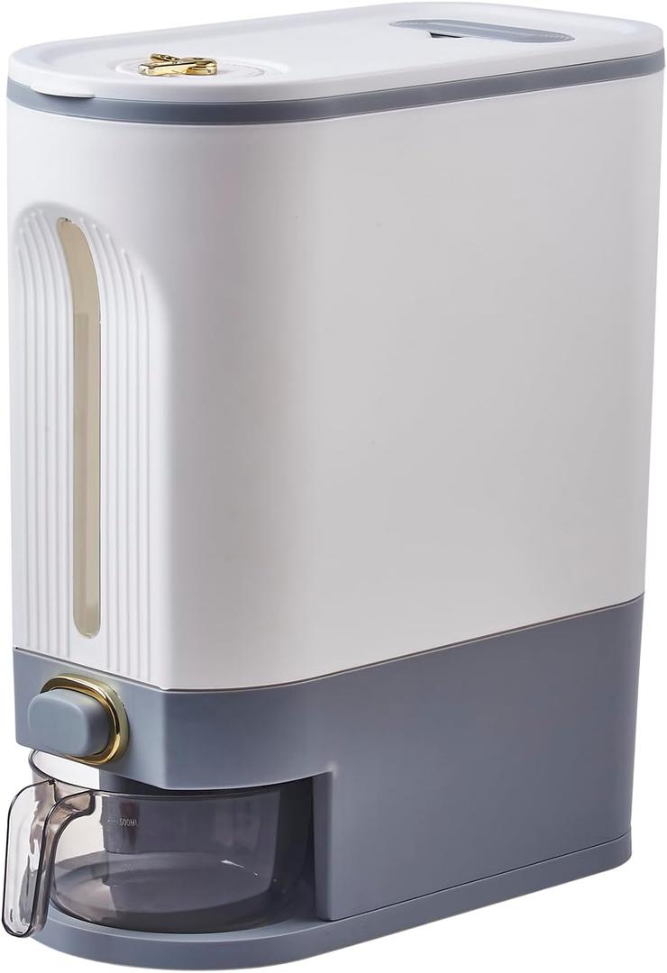 Sooyee 22 Lbs Rice Dispenser, Large Grain Container Storage with Lid Measuring Cylinder Moisture Proof Household Cereal Dispenser Bucket for Kitchen Soybean Corn,White and Grey