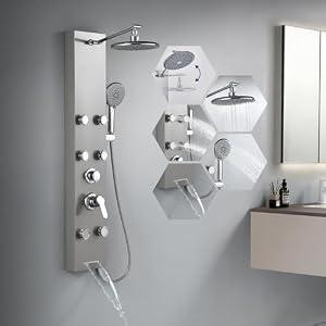 ROVATE Rainfall Shower Panel Tower System with Tub Spout, 6 Adjsutable Body Massage Jets, Flexible 5 Functions Handheld, Stainless Steel High Pressure Shower Column with Brass Valve Body