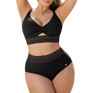 Popilush Tummy Control Swimsuits for Women - High Waisted Bikini Sets Shapewear with Boho Trim 4 Way Wear Pool and Beach (Large, Black)