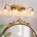 Vintage Bathroom Light Fixtures, 4 Light Gold Bathroom Vanity Light, Matte Antique Brass Finish with Crystal Glass Shade, Wall Sconces Lighting for Bedroom, Living Room, Hallway