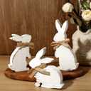 Easter Decorations: 3 Pcs Rustic Bunny Wooden Table Centerpiece Signs White, Farmhouse Wood Decor Tiered Tray for Home, Vintage Gifts