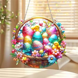 2 x Easter Decorations - Easter Egg Basket Acrylic Suncatcher Ornaments, Colorful Acrylic Sun Catchers for Easter Home Decor Spring Wall Hanging Art