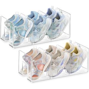 Widened 4.17 Inch Clear Acrylic Kids Shoe Rack for Closet Organizers and Storage 2 Pack, 3 Sections Small Toddler Baby Shoe Storage Organizer Shelf, Desk File Sorter Book Purse Organizer
