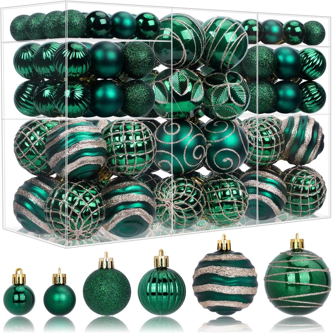 100 Pack Dark Green Christmas Ball Ornaments Set, Hand-Painted Shatterproof Hanging Decorations, Assorted Emerald Green Baubles Bulk for Xmas Tree Wreath, Winter Holiday Home Party Decor