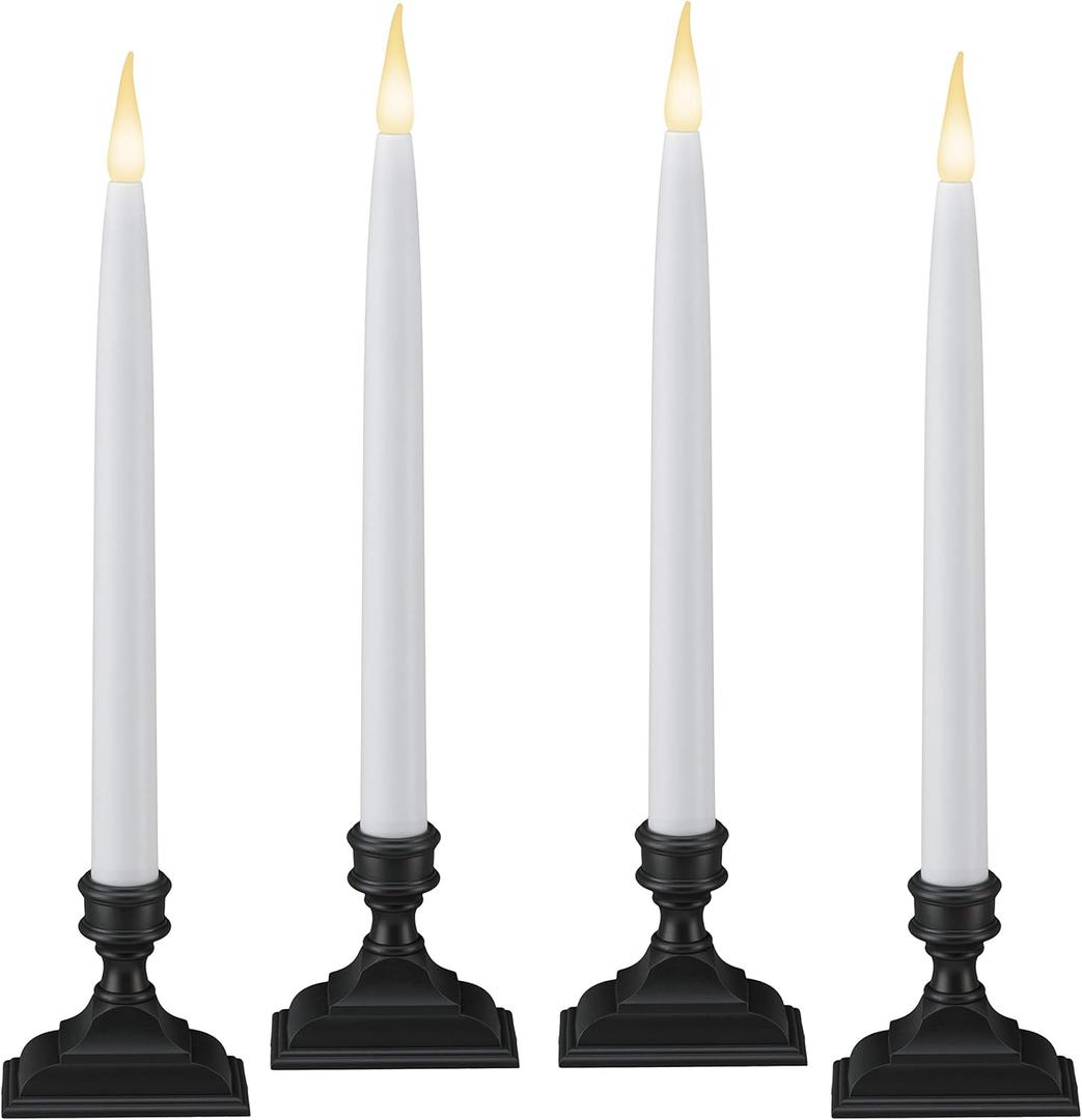 612 Vermont Battery Operated LED Taper Window Candles with Timer (6 on/18 Off), Patented Warm White Dual LED Flicker Flame, VT-1660A-4 (Pack of 4, Antique Bronze)