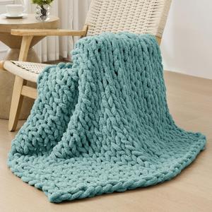 Bigacogo Chunky Knit Throw Blanket for Couch, 40x40 inches, 100% Hand Knitted with Thick Jumbo Chenille Yarn, Cozy Soft Large Rope Knot Cable Crochet Blankets for Sofa Bed Living Room, Light Teal