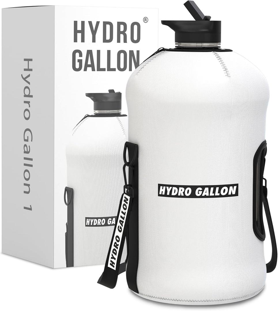 Hydro Gallon - 1 Gallon Water Bottle Jug with Insulated Sleeve and Straw Lid, Handle, Motivational Time Marker, Pocket, Shoulder Strap. Leakproof BPA free Large Big Bottle. 128oz (White)