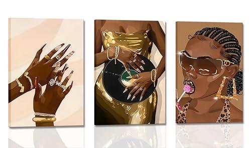 3Pcs Framed Black Girl Wall Art African American Canvas Prints Gold Nail Art Posters Vinyl Record Dress Paintings Dreadlock Lollipop Pictures Urban Chic Decor for Living Room Bedroom Home Decoration
(12x16)
