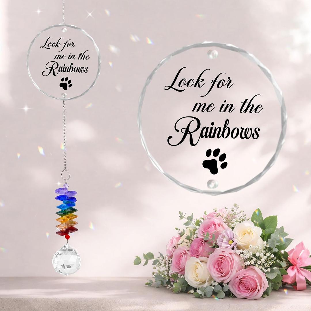 Pet Memorial Suncatcher Look for me in The Rainbows - Dog Memorial Gifts - Pet Loss - Thoughtful Dogs and Cats Remembrance - Pet Sympathy - Crystal Bereavement Gift
