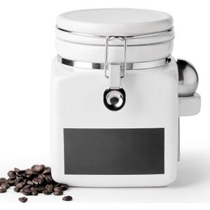 Ceramic Coffee Canister with Airtight Lid and Scoop, Large 74 Fl Oz / 2.2 L Kitchen Food Storage Container Jar for Grounds Coffee, Beans, Tea, Sugar, Flour, Cereal, Nuts, Cookie, White