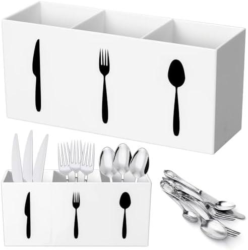 Suzile Acrylic Cutlery Storage Organizer Bin Silverware Caddy Countertop Knife Spoon and Fork Holder Kitchen 3 Section Tableware Storage Box for Cabinet Indoor Home Flatware Dining Room (White,M)