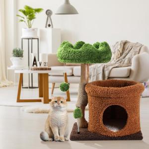 Small Cat Tree for Indoor Cats Large Adult, Cats Climbing Tower with Scratching Post, Cat Condo, Green Wood Cats Tree, Flower Cat Trees, Modern Cute Cat Tree with Dangling Ball