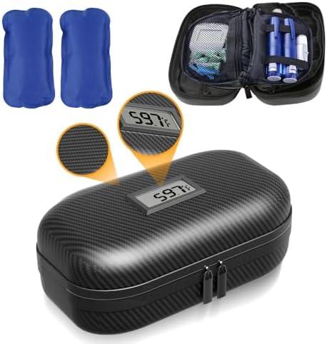 YANISM Insulin Cooler Travel Case TSA Approved, Medication Diabetic Cooler for Daily Life Trip with Thermometer Temperature Display Refrigerated Medicine Organizer Bag with 2 Ice Pack（Carbon Fiber）