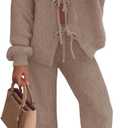 ZESICA Women's 2 Piece Outfits Lounge Pajama Sets 2026 Fall Long Sleeve Cardigans Wide Leg Pants Matching Winter Clothes (Large, Khaki)