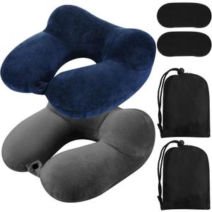 Sintuff 2 Pack Inflatable Travel Pillow for Airplanes Inflatable Neck Flight Pillows with Compact Bag and Blindfold for Traveling, Airplane, Train, Car, Office(Blue and Dark Gray)
