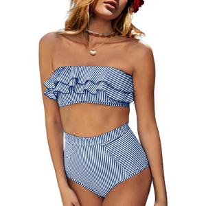 Saodimallsu Women High Waisted 2 Piece Bikini Set Bandeau Ruffle Swimsuit Top Striped Bathing Suits (Small, Royal Blue)