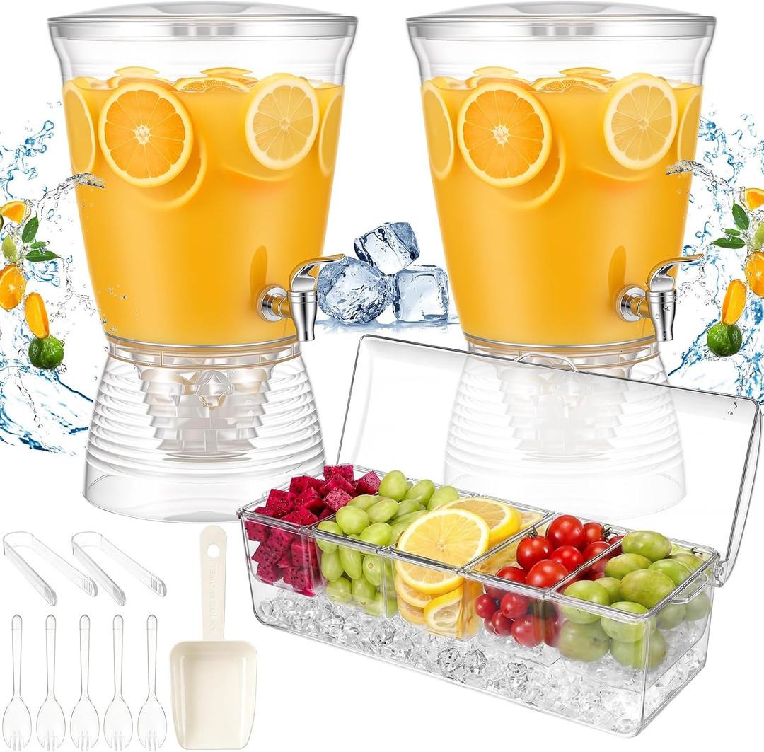 FillTouch 4 Sets Acrylic Drink Dispenser with Condiment Tray Ice Scoop, 2.7 Gallon Clear Juice Dispenser Countertop with Spigot and Base, Lemonade Stand Supplies for Summer and Wedding Party