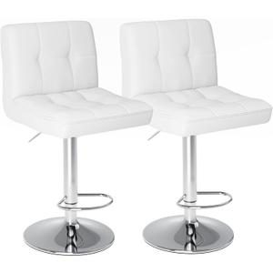 Sweetcrispy Bar Stools Set of 2, Armless PU Leather Adjustable Swivel Barstools, Hydraulic Kitchen Counter Height Thickened Seat Cushion Square Island Countertop Chairs with Back, White