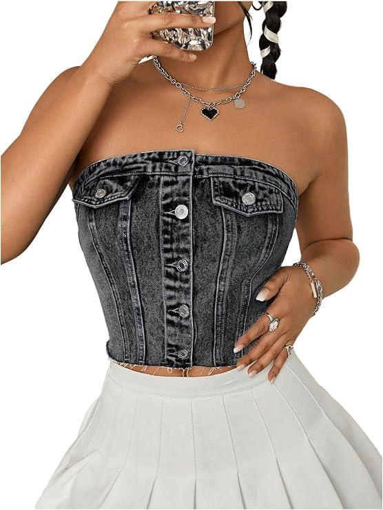SHENHE Women's Strapless Button Up Denim Top Shirred Raw Hem Sexy Fitted Crop Jean Tube Tops L