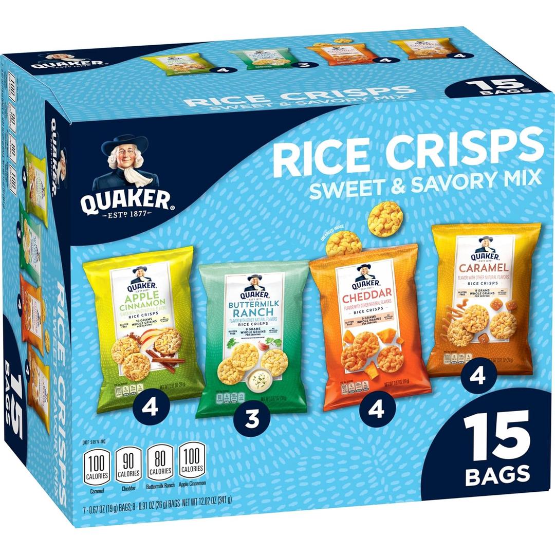 Quaker Rice Crisps, 4 Flavor Sweet and Savory Variety Mix, 15 count, No BB Date