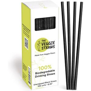 100 PCS of 8.25 Inches Unwrapped Biodegradable Black Straws  Made of Vegetable Fibers, Best Environment Friendly Drinking Straws for Hot and Cold Beverages