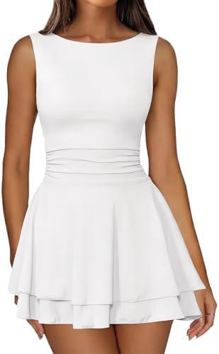IWD Women's Boat Neck Sleeveless Mini Dress Ruched Waist Flowy Tiered Ruffle Hem A Line Party Short Dresses, S