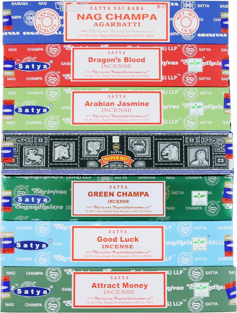 Satya Incense Sticks Gift Set, 7 Scents, Nag Champa, Dragon's Blood, Arabian Jasmine, Super Hit, Green Champa, Goodluck, Attract Money, 15g Each (Relaxation Mix)