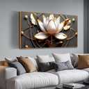 Lotus Flower Wall Art for Bedroom, Floral Canvas Wall Decor for Living Room, Black White and Gold Picture Print, Size 48 x 24 Inches Framed