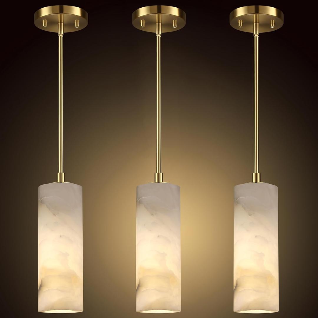 1 Light Modern Industrial Farmhouse Hanging Kitchen Island Pendant Ceiling Light Fixture,Cylinder Natural Alabaster Marble Gold Finish Over Sink Restaurant bar Corridor