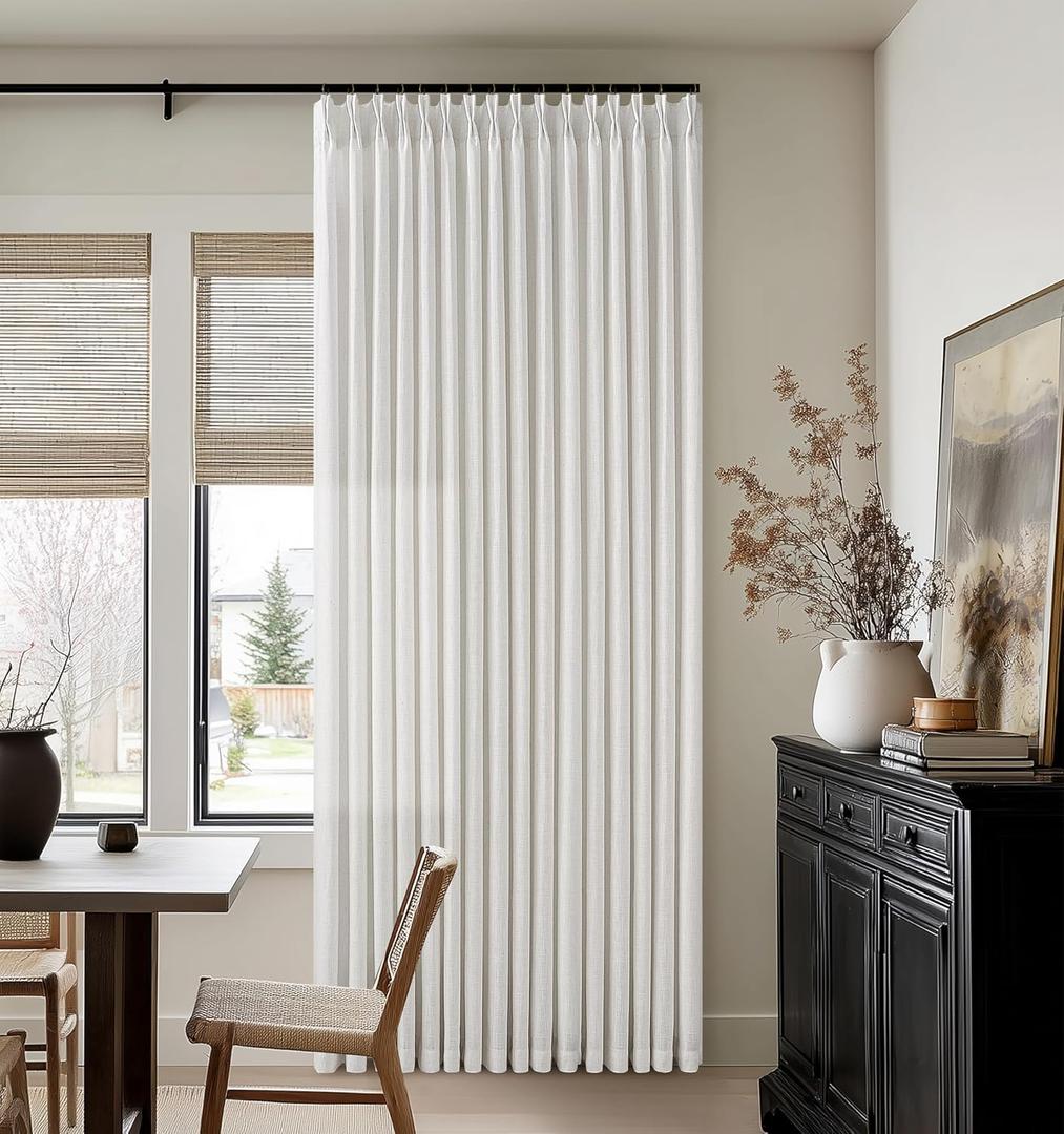 Pinch Pleated Off White Semi Sheer Curtains 90 Inches Long Light Filtering Neutral Boho Farmhouse Linen Curtains Rings Hooks for Living Room Bedroom Nursery Window Drapes 90 Inch Length 2 Panels Set