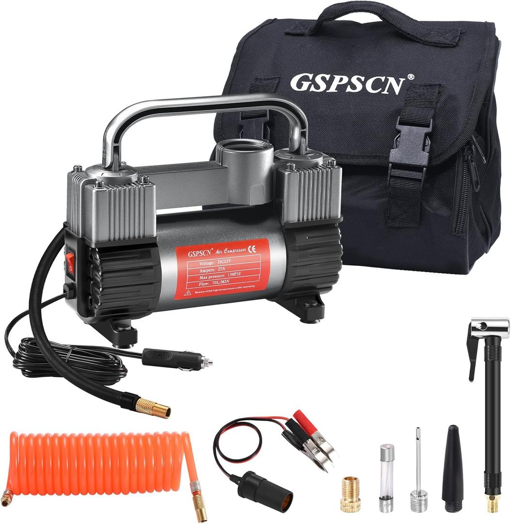 GSPSCN 6X Faster Inflation Tire Inflator Heavy Duty Double Cylinders with Portable Bag- Car AccessoriesMetal 12V Air Compressor Pump 150PSI with Adapter for Car, Truck, SUV Tires, Dinghy, Air Bed (Titanium)
