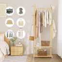 Taitiy Coat Rack Freestanding Clothing Rack with Wheels & 2 Shelves Storage & 5 Hooks Heavy Duty Clothes Rack Wood Coat Tree Stand Hat Hanger Rack for Corner Bedroom Entryway Living Room Hotel Size L