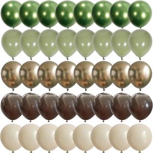 Sage Green Brown Safari Balloons, 60PCS Dusty Olive Green Coffee Beige Metallic Gold Eucalyptus Latex Balloon, Camo Army Hunting Balloons for Woodland Baby Shower Birthday Party Decorations Supplies