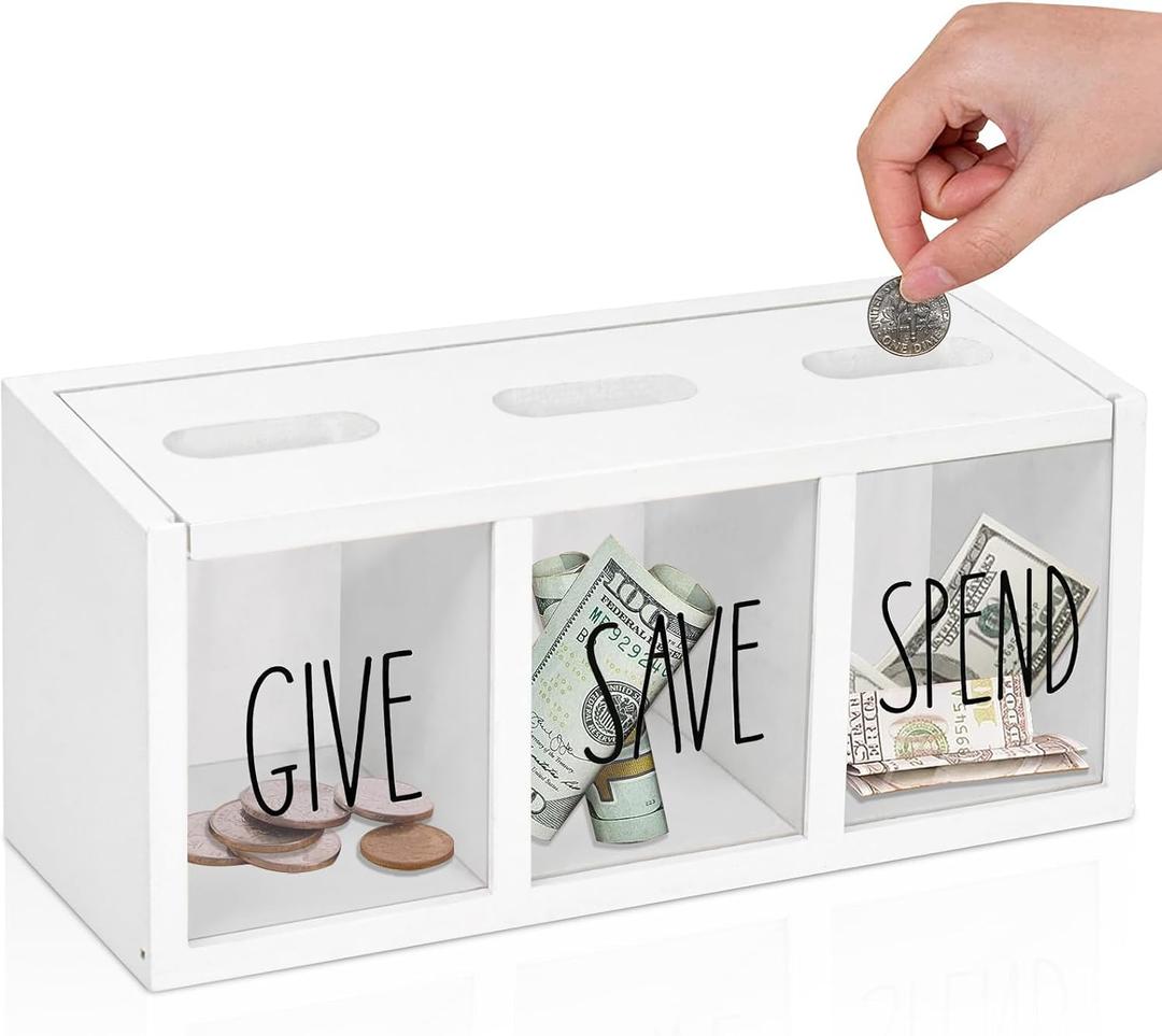 Wooden Piggy Bank for Kids, Money Saving Box for Adults, Kids Banks for Bills and Coins, Boys & Girls Piggy Bank, Visualized Saving Box Boalord for Bedroom, Living Room, Laundry Room, Countertop (White)