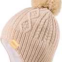 Kids Winter Beanie Hat and Scarf Set with Pom Pom for Girls, Children's Thick Ski Cap with Earflap Fleece Lined Hat 3-9 Years (Beige)