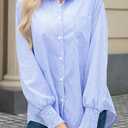 OMSJ Womens Striped Button Down Shirts Smocked Cuffed Sleeve Stylish Collared Office Work Blouses with Pocket (M)